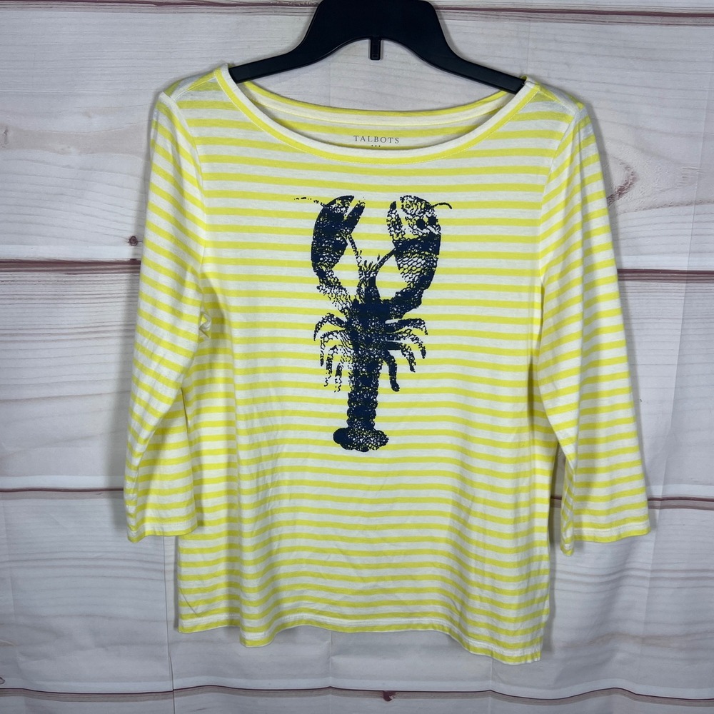 Talbots Top Womens Small Yellow Lobster Stripe Boat Neck 3/4 Sleeve Cotton Tee